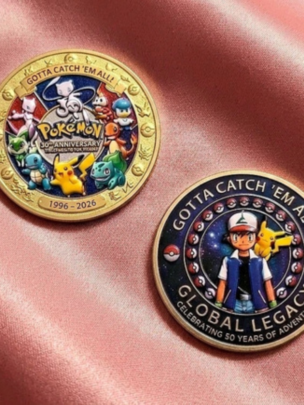2 Gold Color Colorized Pokemon 30th Anniversary Coins Ash/Pikachu And Friends
